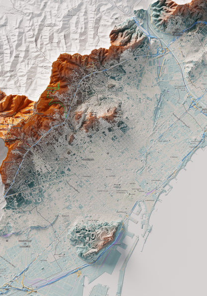Mapa de relleu del Barcelonès, amb el territori en color i l’entorn en blanc. Detall de la part central. 70 × 100 cm. Estil Blau i taronja.