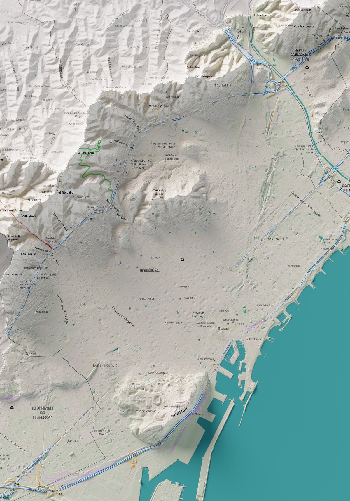Mapa de relleu del Barcelonès, amb el territori en color i l’entorn en blanc. Detall de la part central. 70 × 100 cm. Estil Cartogràfic.