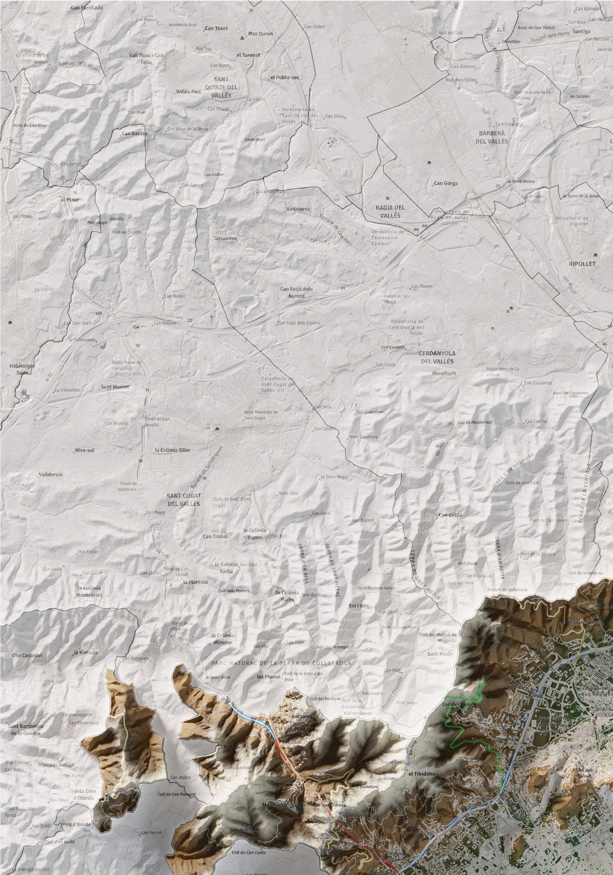 Mapa de relleu del Barcelonès, amb el territori en color i l’entorn en blanc. Detall de la part superior esquerra. 70 × 100 cm. Estil Clàssic.