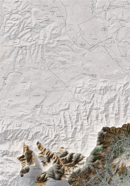 Mapa de relleu del Barcelonès, amb el territori en color i l’entorn en blanc. Detall de la part superior esquerra. 70 × 100 cm. Estil Clàssic.
