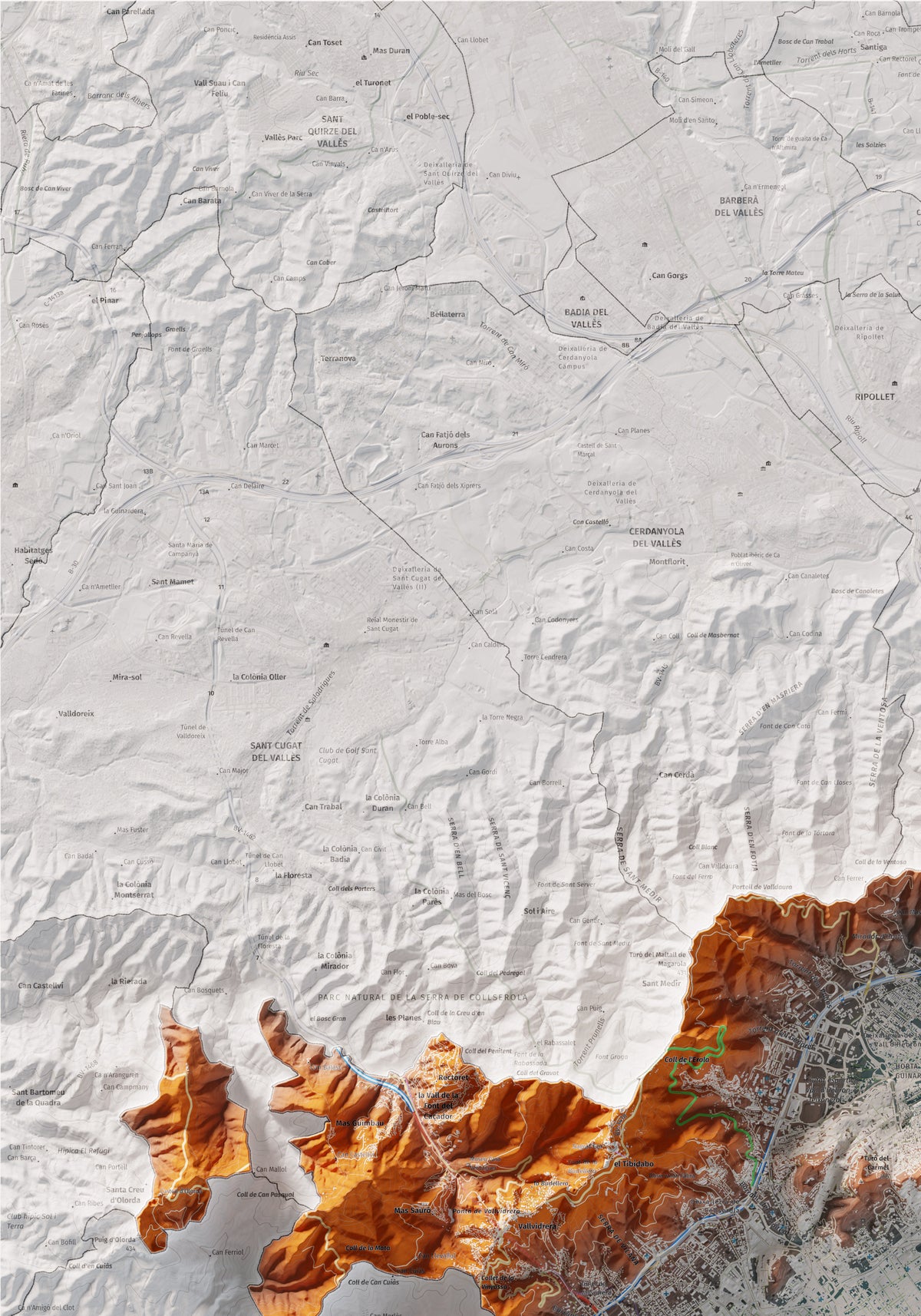 Mapa de relleu del Barcelonès, amb el territori en color i l’entorn en blanc. Detall de la part superior esquerra. 70 × 100 cm. Estil Blau i taronja.