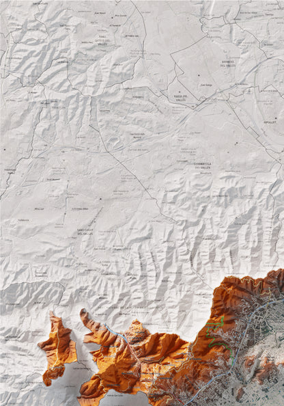 Mapa de relleu del Barcelonès, amb el territori en color i l’entorn en blanc. Detall de la part superior esquerra. 70 × 100 cm. Estil Blau i taronja.