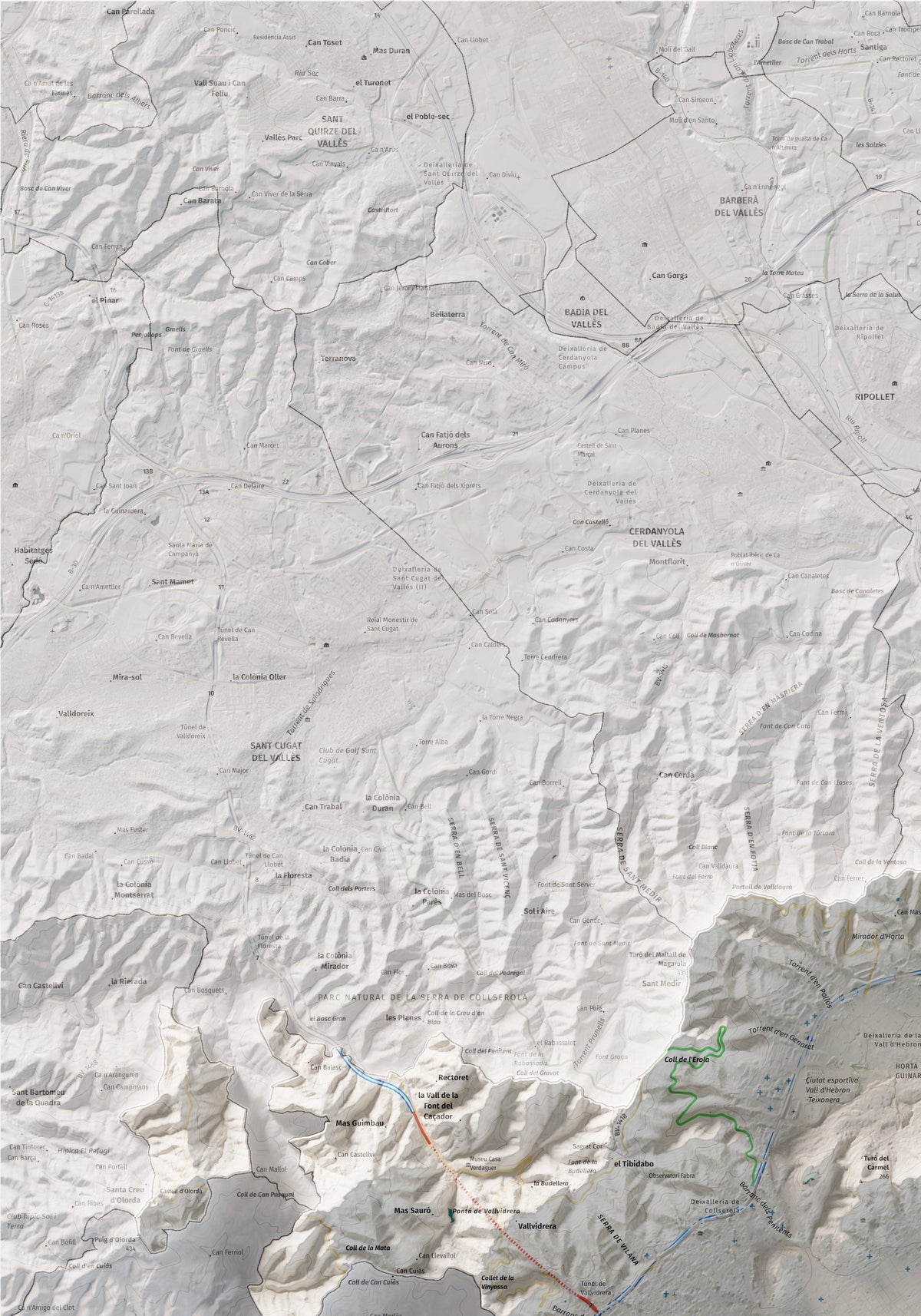 Mapa de relleu del Barcelonès, amb el territori en color i l’entorn en blanc. Detall de la part superior esquerra. 70 × 100 cm. Estil Cartogràfic.