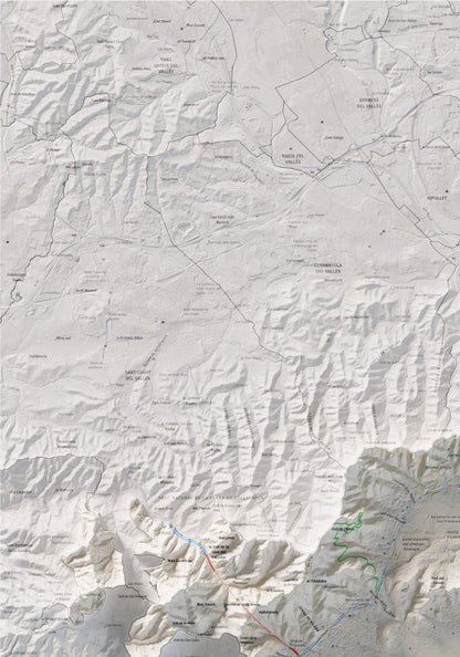 Mapa de relleu del Barcelonès, amb el territori en color i l’entorn en blanc. Detall de la part superior esquerra. 70 × 100 cm. Estil Cartogràfic.