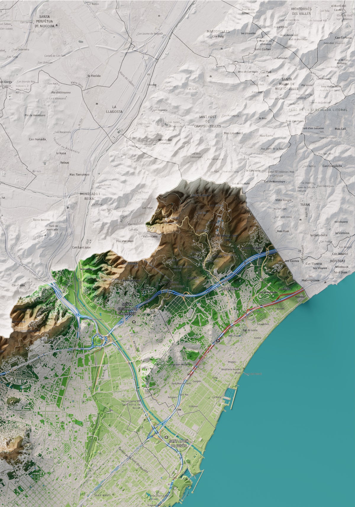 Mapa de relleu del Barcelonès, amb el territori en color i l’entorn en blanc. Detall de la part superior dreta. 70 × 100 cm. Estil Clàssic.