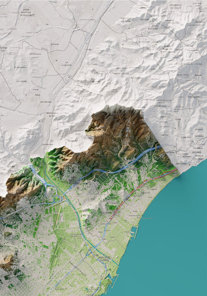 Mapa de relleu del Barcelonès, amb el territori en color i l’entorn en blanc. Detall de la part superior dreta. 70 × 100 cm. Estil Clàssic.