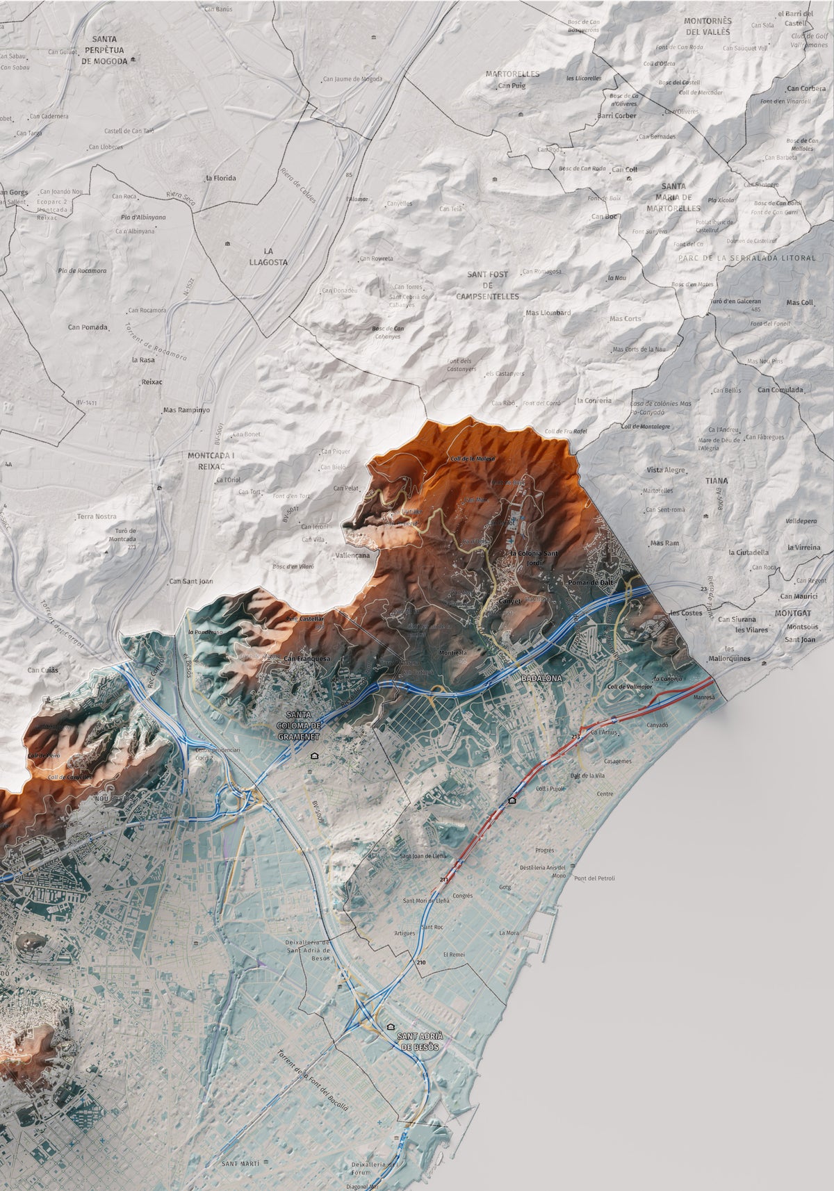 Mapa de relleu del Barcelonès, amb el territori en color i l’entorn en blanc. Detall de la part superior dreta. 70 × 100 cm. Estil Blau i taronja.