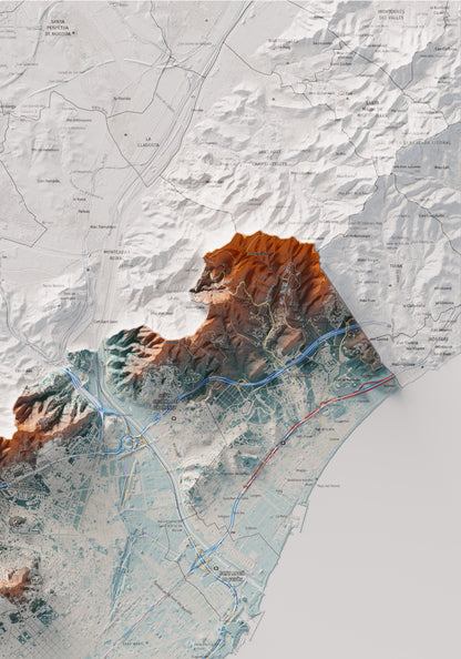 Mapa de relleu del Barcelonès, amb el territori en color i l’entorn en blanc. Detall de la part superior dreta. 70 × 100 cm. Estil Blau i taronja.