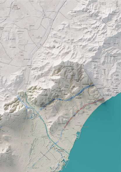 Mapa de relleu del Barcelonès, amb el territori en color i l’entorn en blanc. Detall de la part superior dreta. 70 × 100 cm. Estil Cartogràfic.
