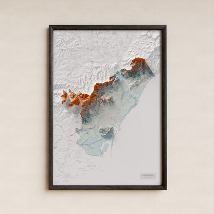 Mapa de relleu del Barcelonès, amb el territori en color i l’entorn en blanc. Presentació amb marc. 70 × 100 cm. Estil Blau i taronja.