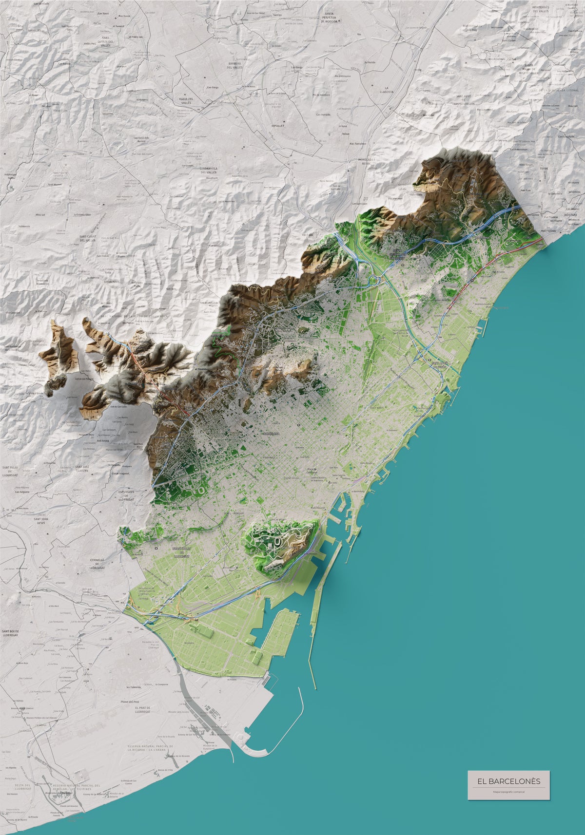Mapa de relleu del Barcelonès, amb el territori en color i l’entorn en blanc. Vista completa de la làmina. 70 × 100 cm. Estil Clàssic.