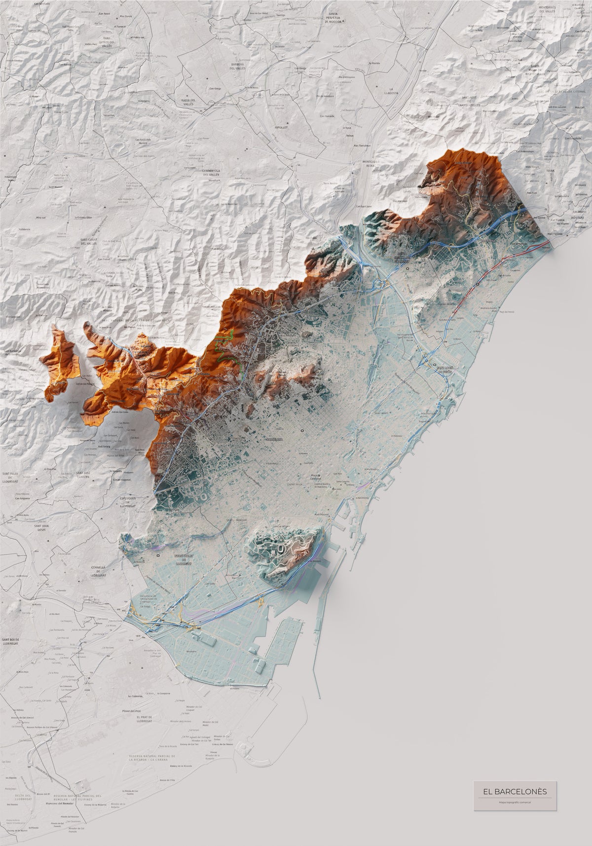Mapa de relleu del Barcelonès, amb el territori en color i l’entorn en blanc. Vista completa de la làmina. 70 × 100 cm. Estil Blau i taronja.