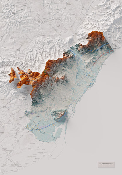 Mapa de relleu del Barcelonès, amb el territori en color i l’entorn en blanc. Vista completa de la làmina. 70 × 100 cm. Estil Blau i taronja.