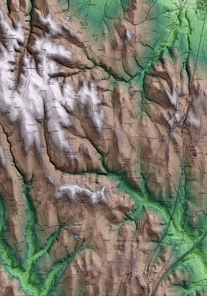 Mapa artístico del relieve de Bàscara, al Alt Empordà, con 15 km de entorno y base topográfica ICGC. Detalle de la zona inferior izquierda.