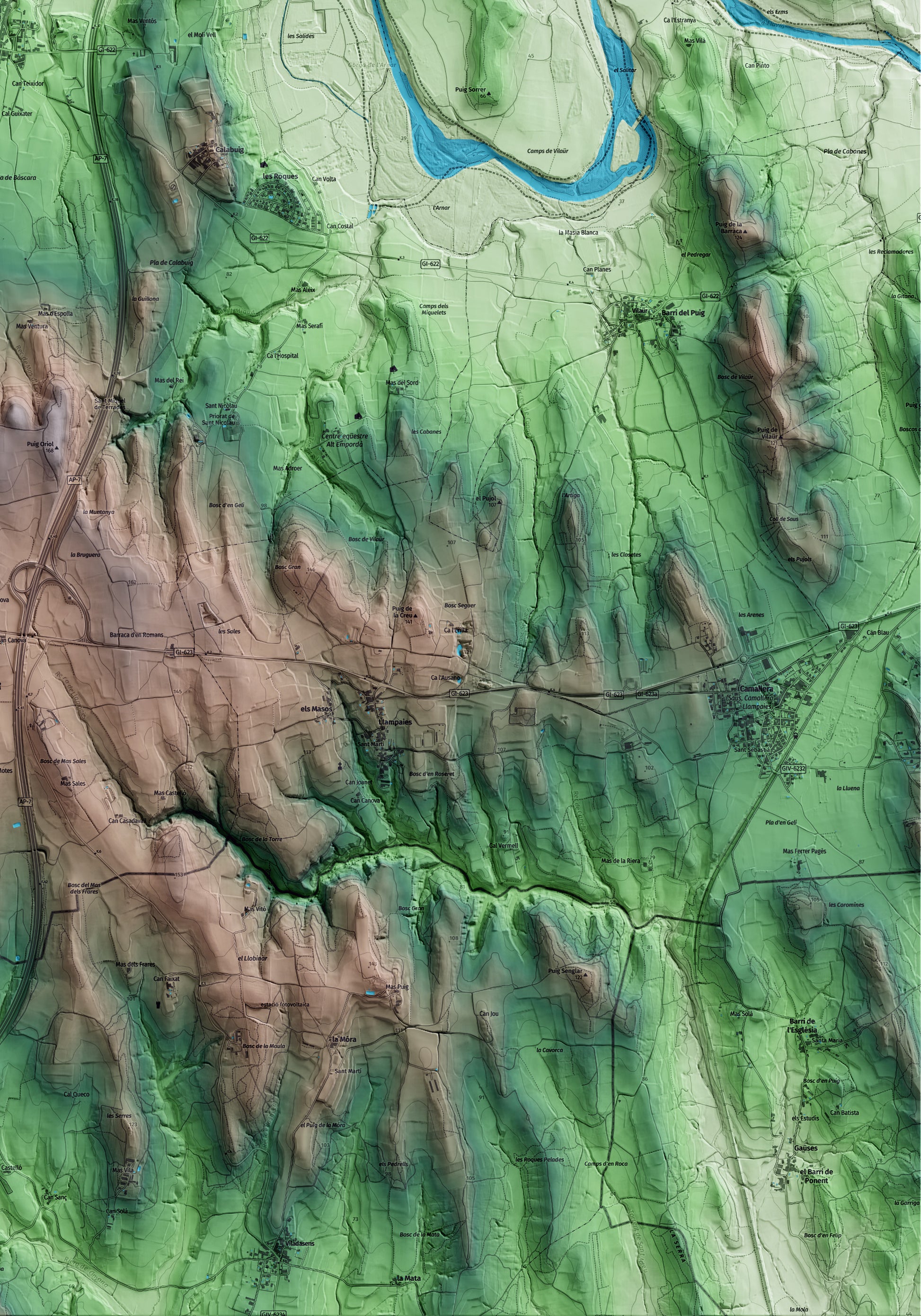 Mapa artístico del relieve de Bàscara, al Alt Empordà, con 15 km de entorno y base topográfica ICGC. Detalle de la zona inferior derecha.