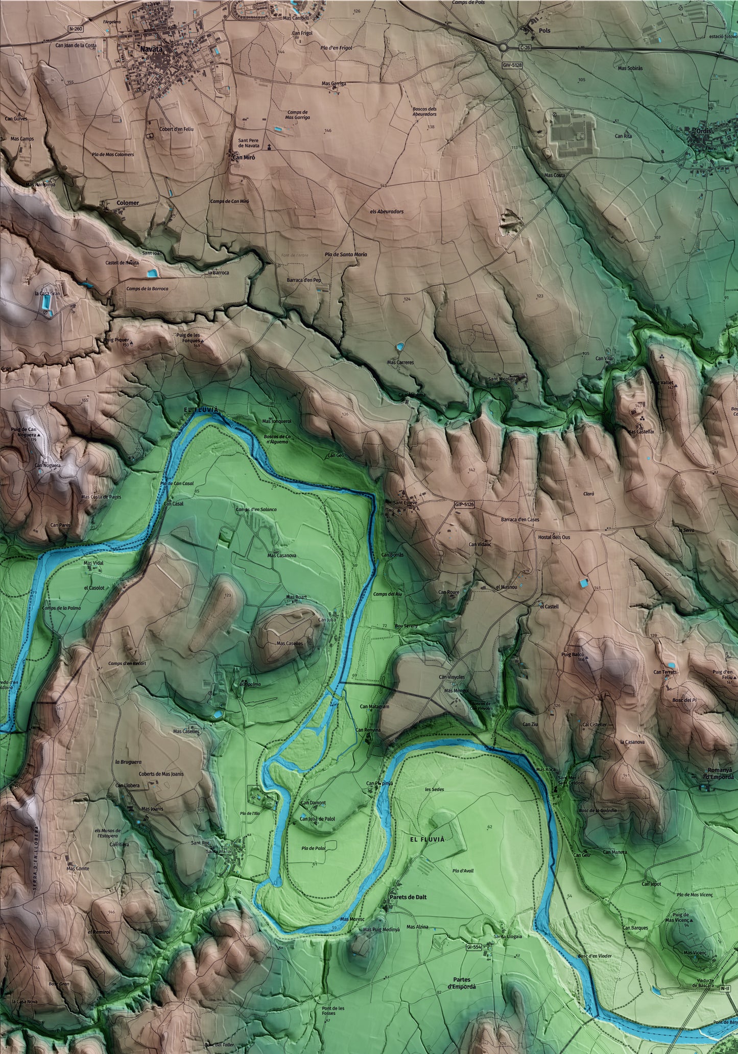 Mapa artístico del relieve de Bàscara, al Alt Empordà, con 15 km de entorno y base topográfica ICGC. Detalle de la zona superior izquierda.