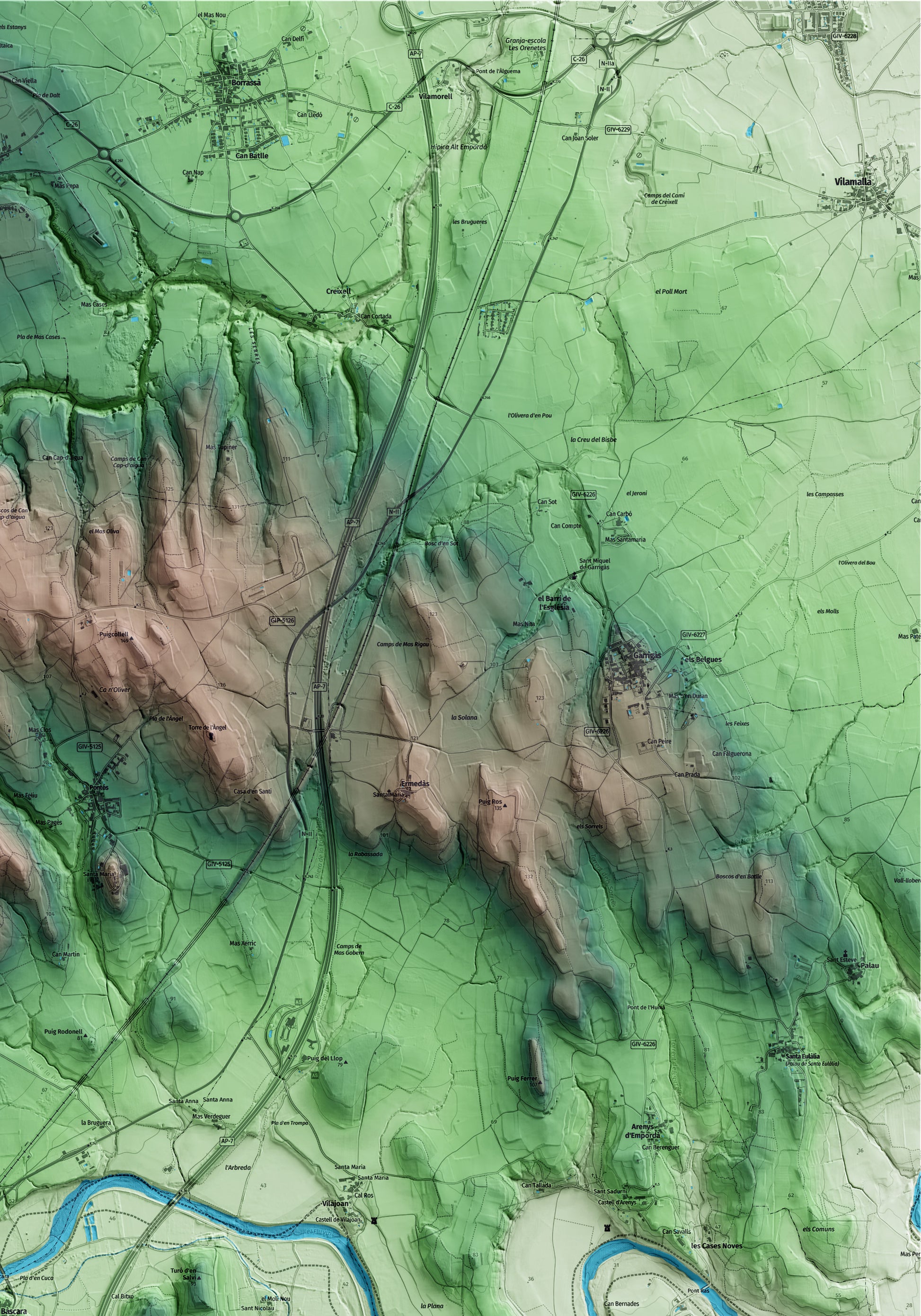Mapa artístico del relieve de Bàscara, al Alt Empordà, con 15 km de entorno y base topográfica ICGC. Detalle de la zona superior derecha.