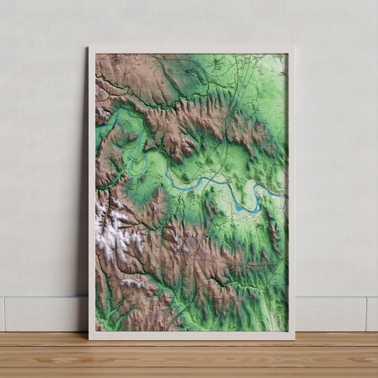 Mapa artístico del relieve de Bàscara, al Alt Empordà, con 15 km de entorno y base topográfica ICGC. Presentación enmarcada.