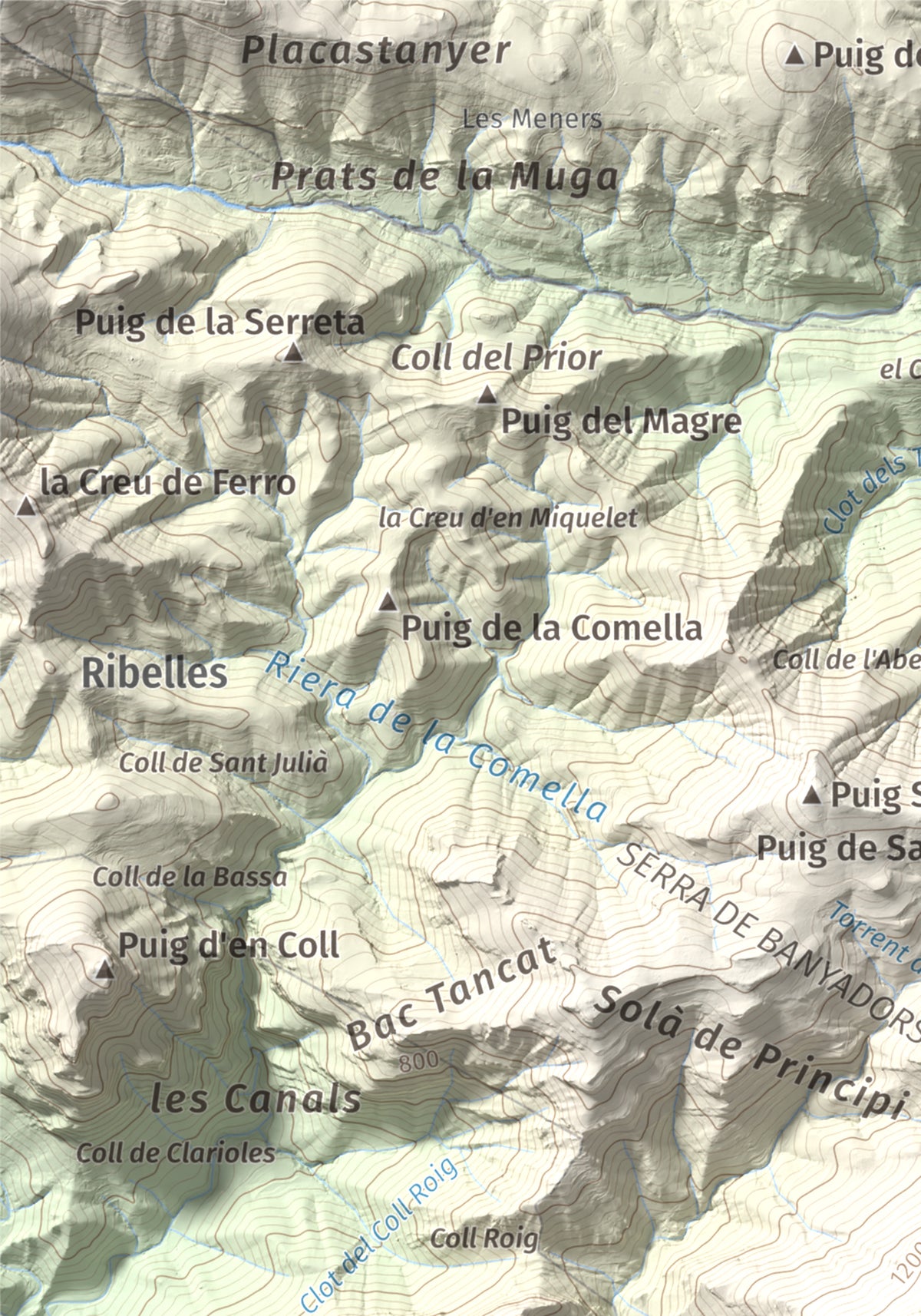 Mapa de relieve de Bassegoda, 1373 m, Alt Empordà · Garrotxa, lámina 100 Cims de Trobart. Detalle de la zona superior izquierda. 21 × 30 cm.
