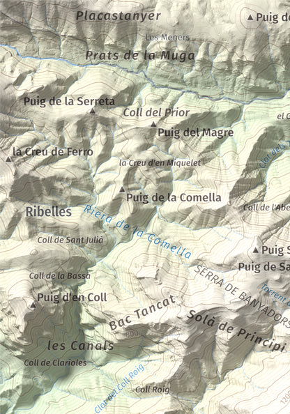 Mapa de relieve de Bassegoda, 1373 m, Alt Empordà · Garrotxa, lámina 100 Cims de Trobart. Detalle de la zona superior izquierda. 21 × 30 cm.