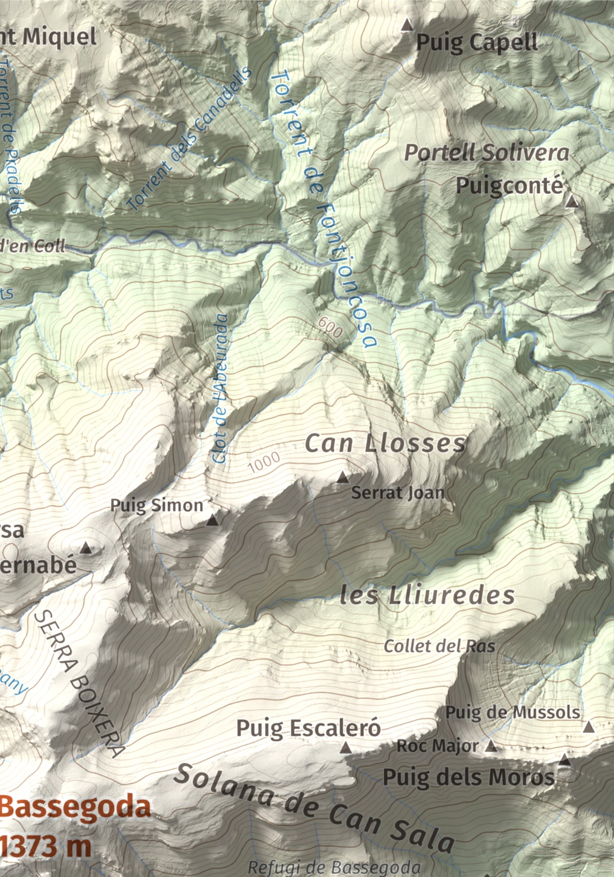 Mapa de relieve de Bassegoda, 1373 m, Alt Empordà · Garrotxa, lámina 100 Cims de Trobart. Detalle de la zona superior derecha. 21 × 30 cm.