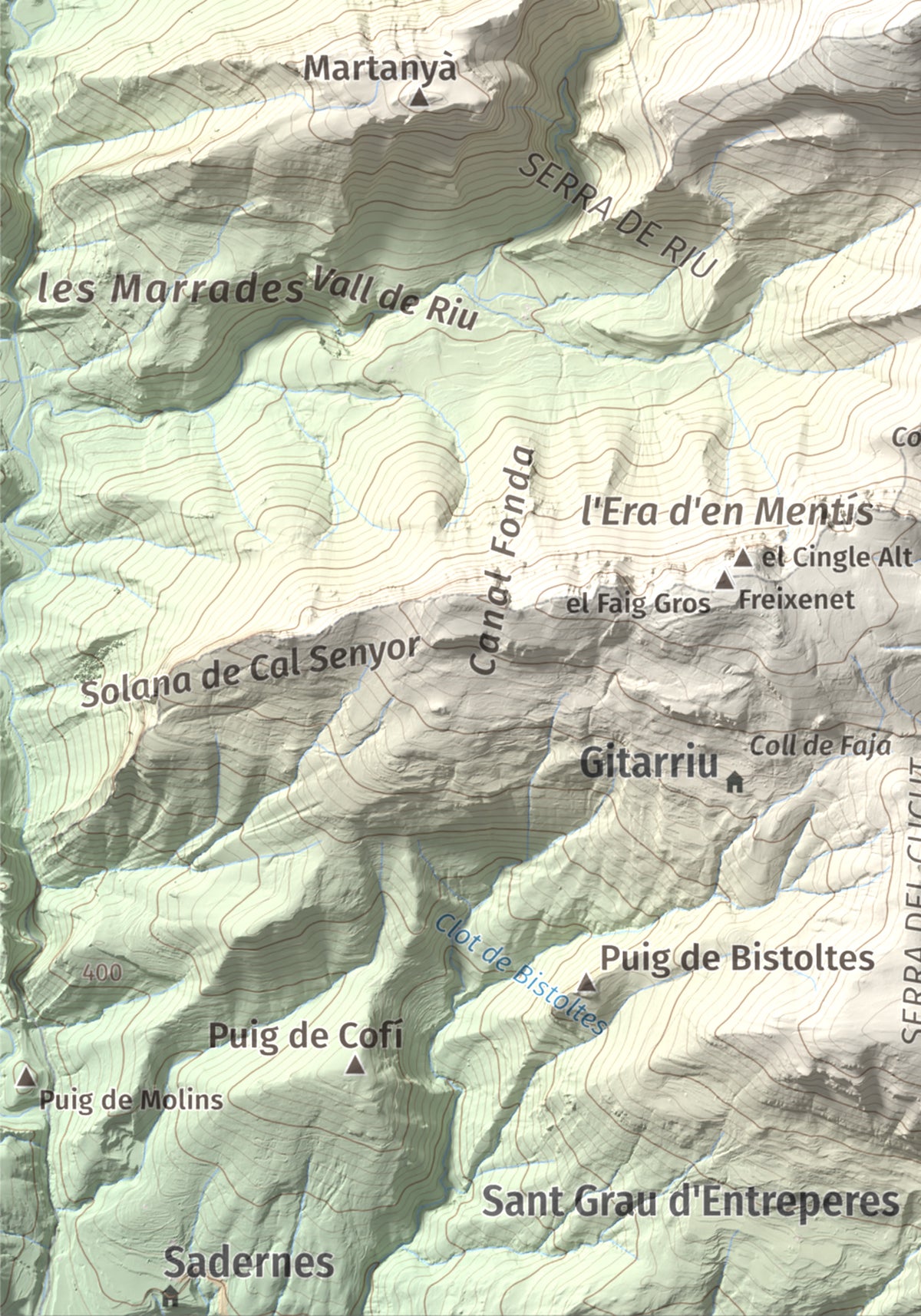 Mapa de relieve de Bassegoda, 1373 m, Alt Empordà · Garrotxa, lámina 100 Cims de Trobart. Detalle de la zona inferior izquierda. 21 × 30 cm.