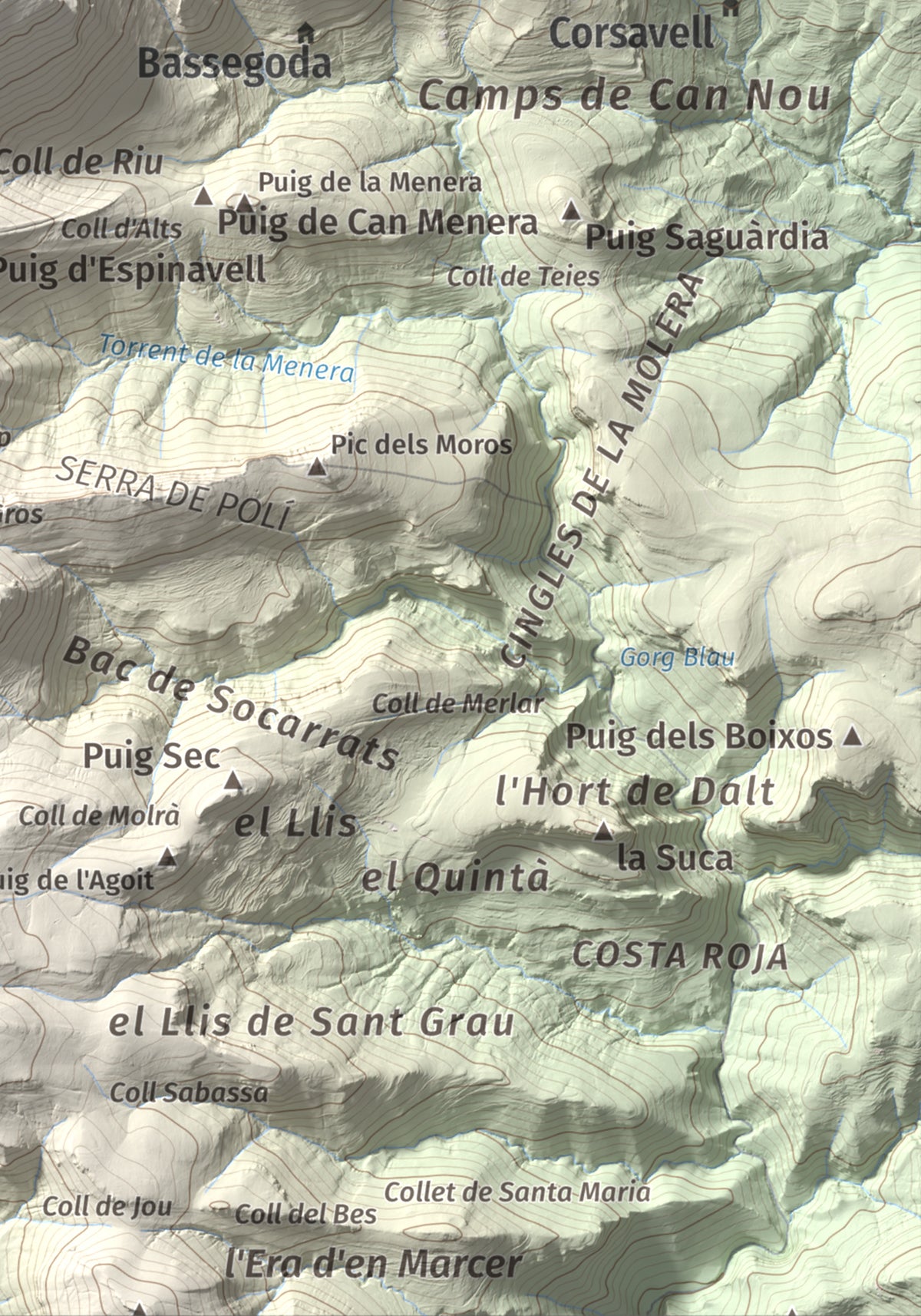 Mapa de relieve de Bassegoda, 1373 m, Alt Empordà · Garrotxa, lámina 100 Cims de Trobart. Detalle de la zona inferior derecha. 21 × 30 cm.
