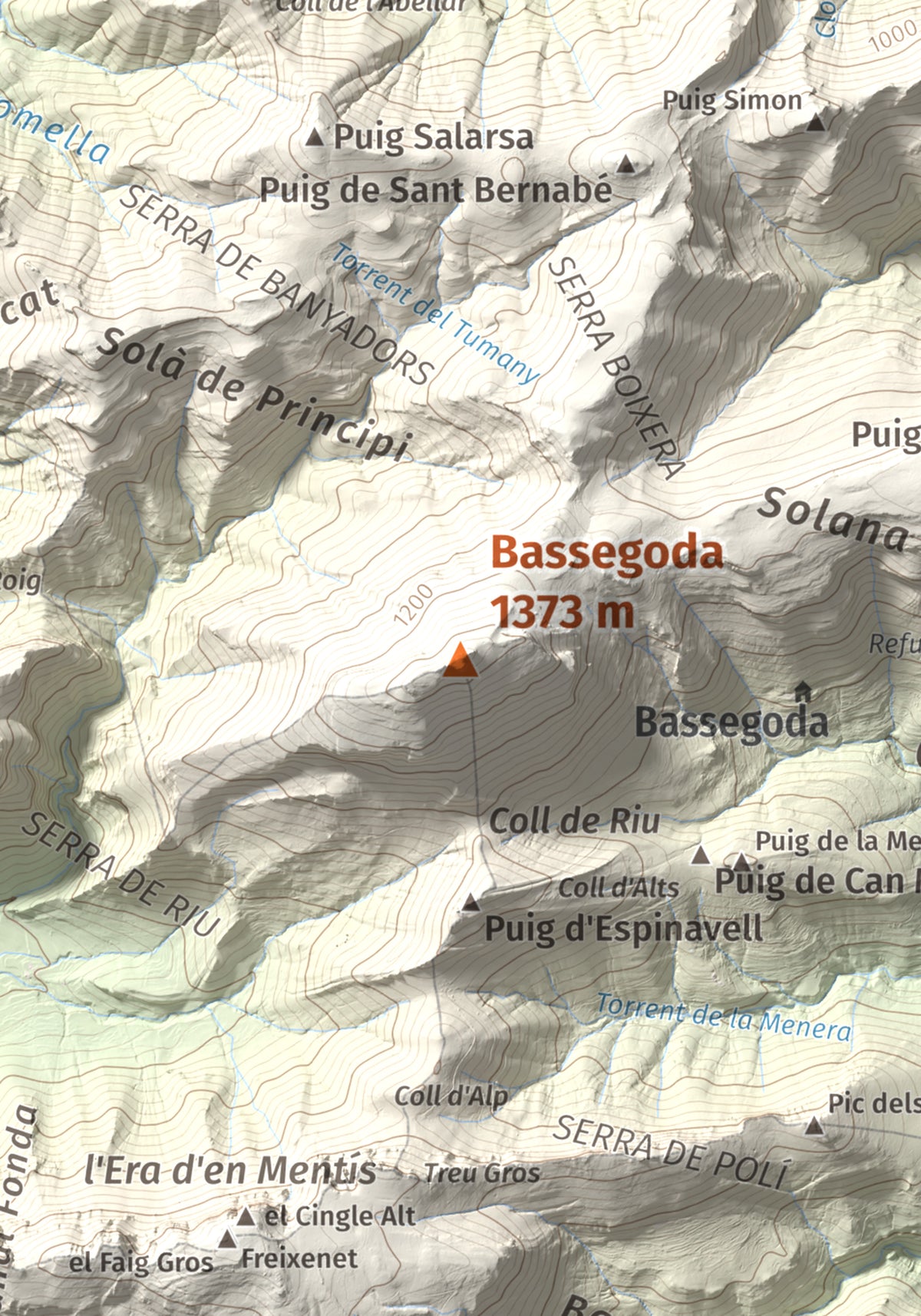 Mapa de relieve de Bassegoda, 1373 m, Alt Empordà · Garrotxa, lámina 100 Cims de Trobart. Detalle de la zona central. 21 × 30 cm.