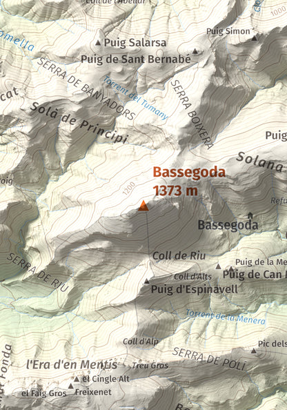 Mapa de relieve de Bassegoda, 1373 m, Alt Empordà · Garrotxa, lámina 100 Cims de Trobart. Detalle de la zona central. 21 × 30 cm.