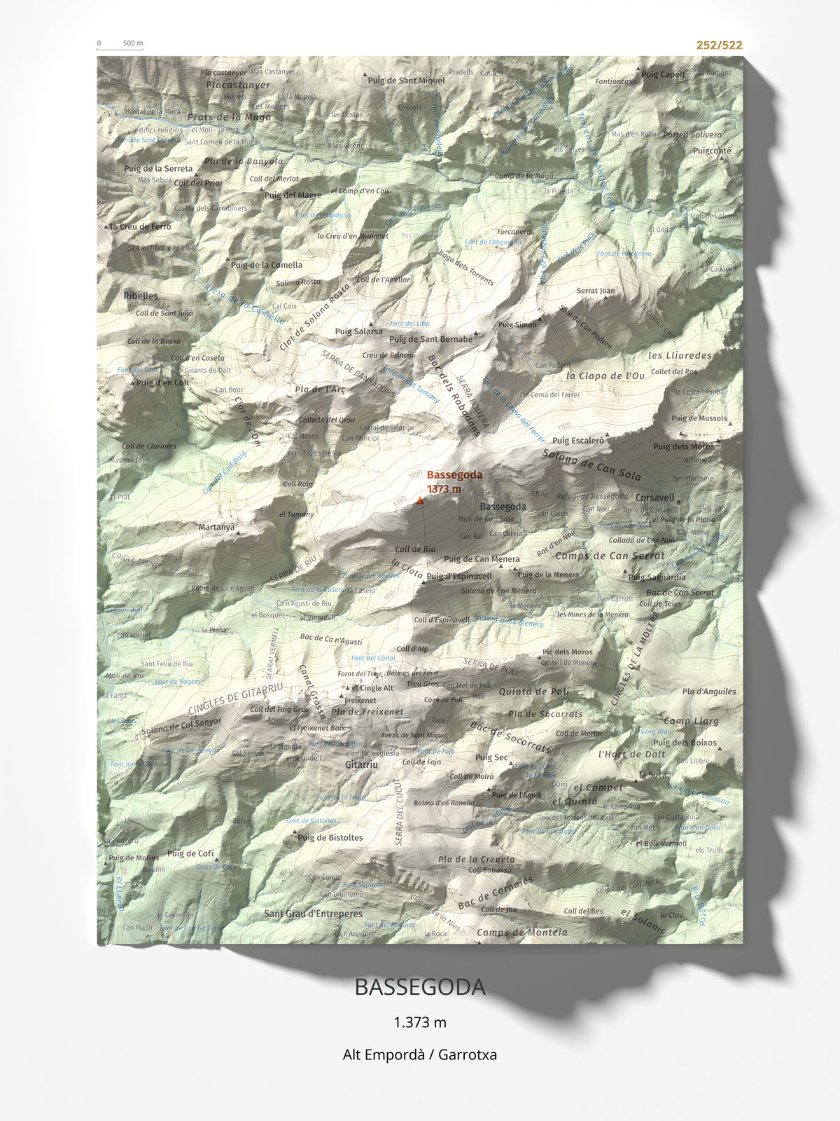 Mapa de relieve de Bassegoda, 1373 m, Alt Empordà · Garrotxa, lámina 100 Cims de Trobart 30 × 40 cm.