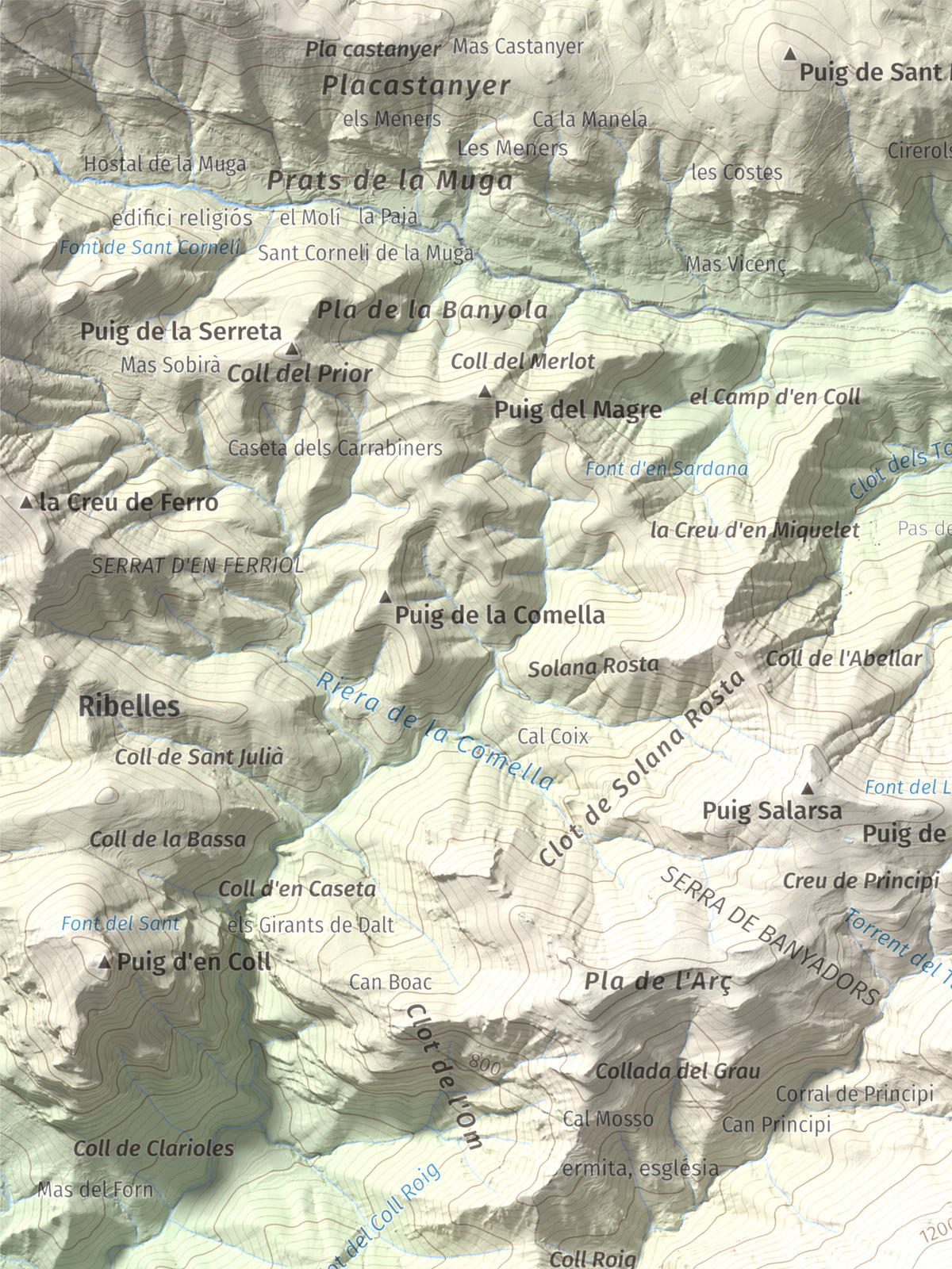 Mapa de relieve de Bassegoda, 1373 m, Alt Empordà · Garrotxa, lámina 100 Cims de Trobart. Detalle de la zona superior izquierda. 30 × 40 cm.