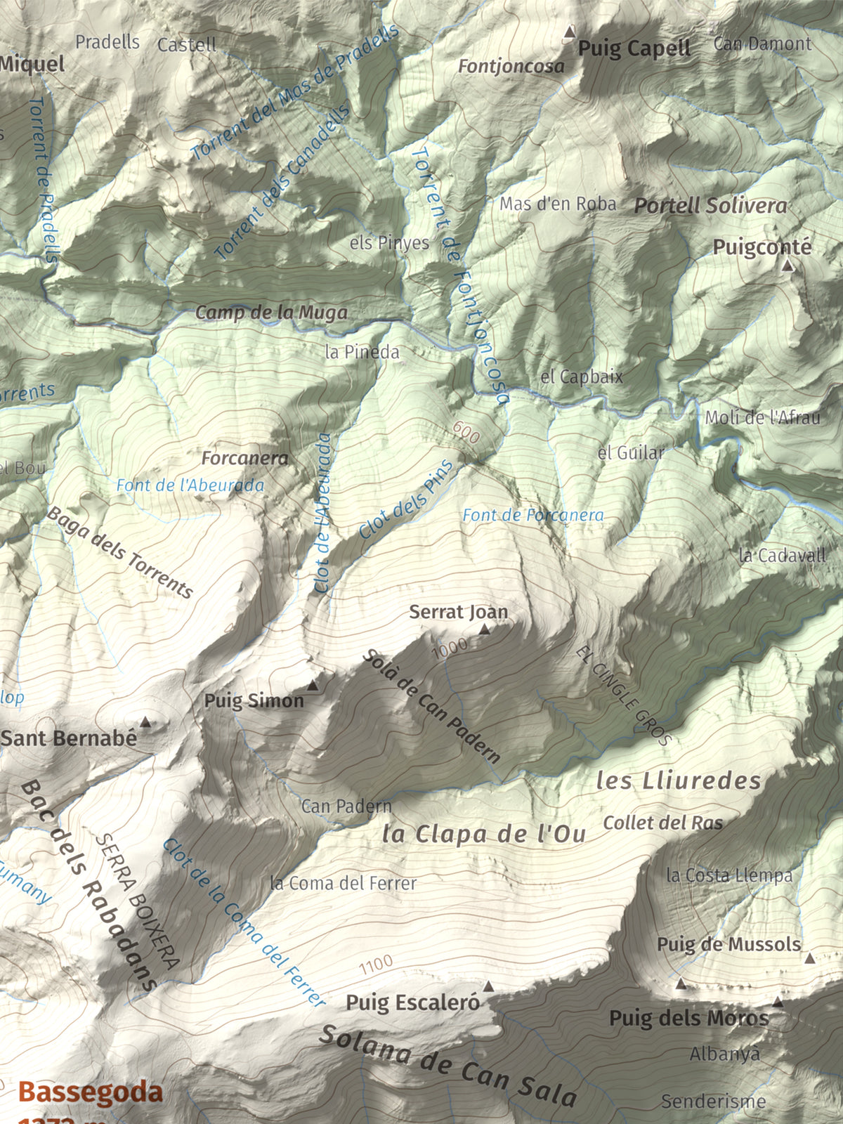 Mapa de relieve de Bassegoda, 1373 m, Alt Empordà · Garrotxa, lámina 100 Cims de Trobart. Detalle de la zona superior derecha. 30 × 40 cm.