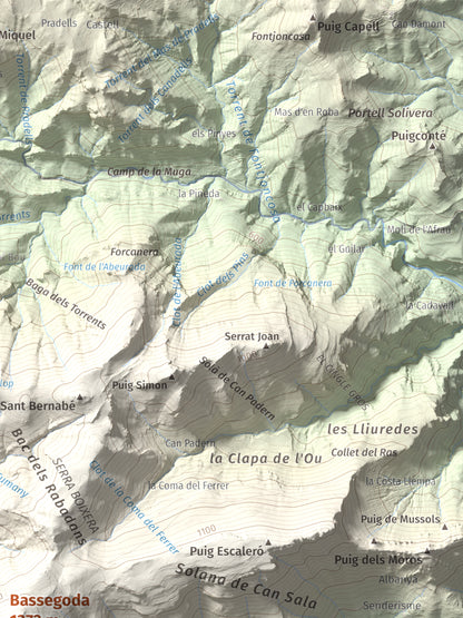 Mapa de relieve de Bassegoda, 1373 m, Alt Empordà · Garrotxa, lámina 100 Cims de Trobart. Detalle de la zona superior derecha. 30 × 40 cm.