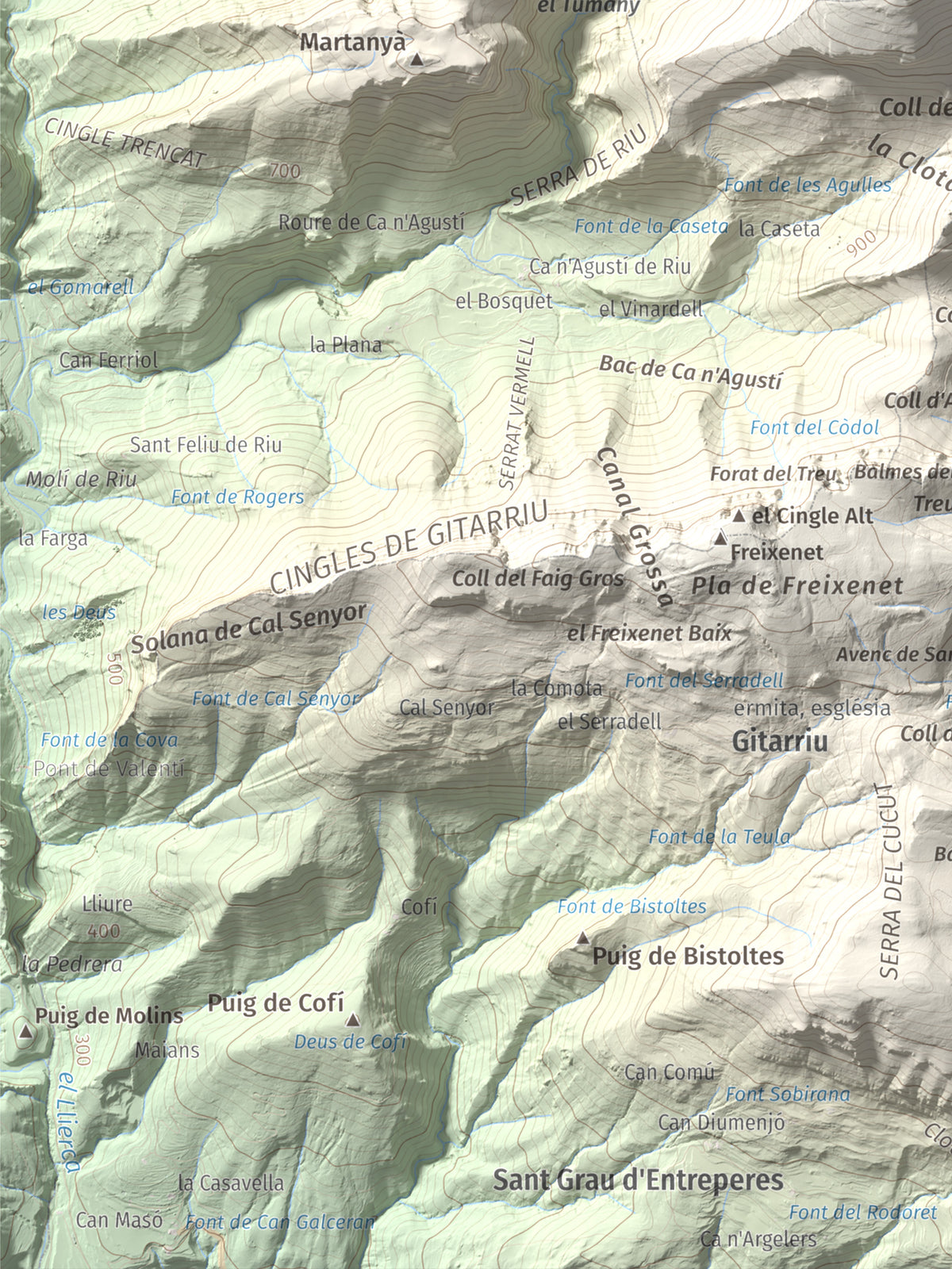 Mapa de relieve de Bassegoda, 1373 m, Alt Empordà · Garrotxa, lámina 100 Cims de Trobart. Detalle de la zona inferior izquierda. 30 × 40 cm.