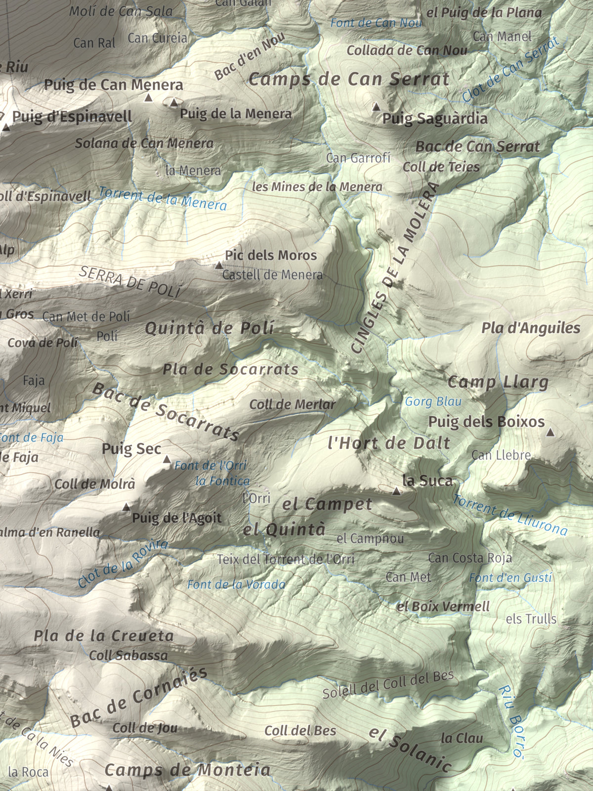 Mapa de relieve de Bassegoda, 1373 m, Alt Empordà · Garrotxa, lámina 100 Cims de Trobart. Detalle de la zona inferior derecha. 30 × 40 cm.