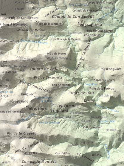 Mapa de relieve de Bassegoda, 1373 m, Alt Empordà · Garrotxa, lámina 100 Cims de Trobart. Detalle de la zona inferior derecha. 30 × 40 cm.