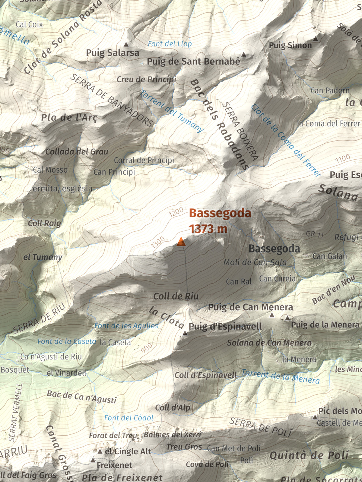 Mapa de relieve de Bassegoda, 1373 m, Alt Empordà · Garrotxa, lámina 100 Cims de Trobart. Detalle de la zona central. 30 × 40 cm.