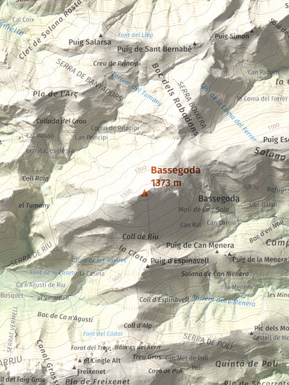 Mapa de relieve de Bassegoda, 1373 m, Alt Empordà · Garrotxa, lámina 100 Cims de Trobart. Detalle de la zona central. 30 × 40 cm.