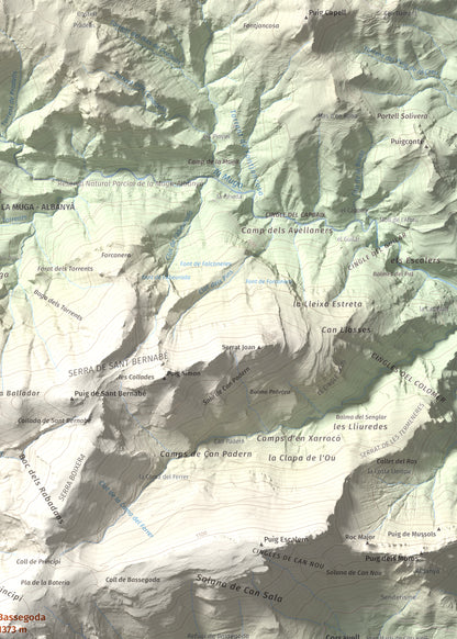 Mapa de relieve de Bassegoda, 1373 m, Alt Empordà · Garrotxa, lámina 100 Cims de Trobart. Detalle de la zona superior derecha. 50 × 70 cm.