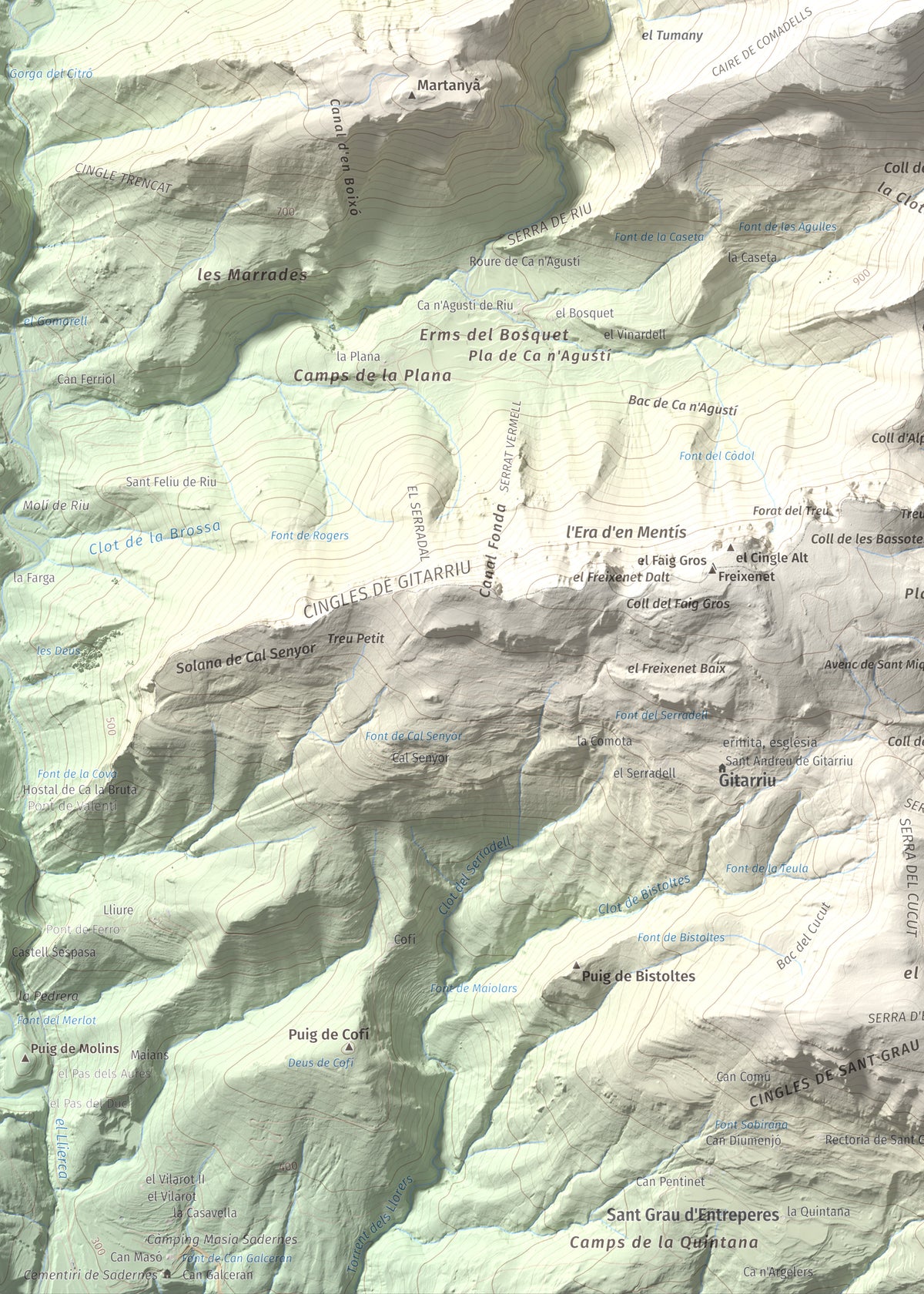 Mapa de relieve de Bassegoda, 1373 m, Alt Empordà · Garrotxa, lámina 100 Cims de Trobart. Detalle de la zona inferior izquierda. 50 × 70 cm.