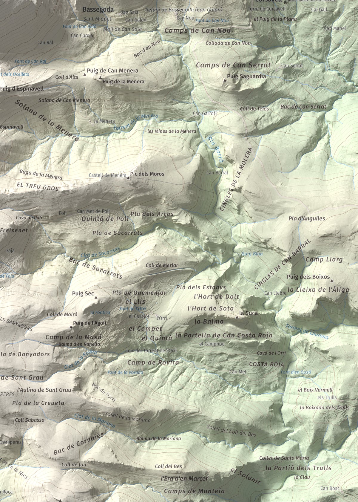 Mapa de relieve de Bassegoda, 1373 m, Alt Empordà · Garrotxa, lámina 100 Cims de Trobart. Detalle de la zona inferior derecha. 50 × 70 cm.