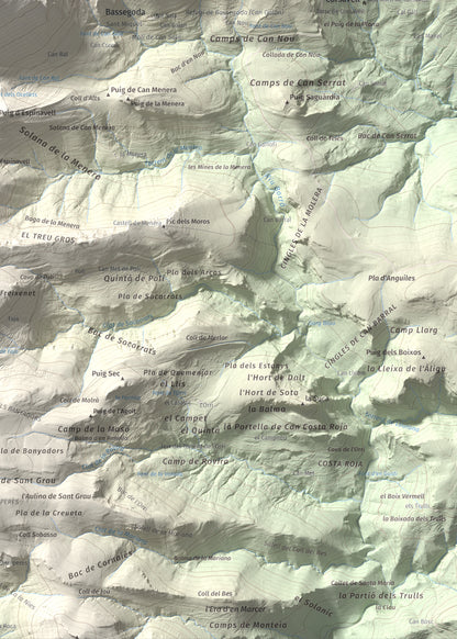 Mapa de relieve de Bassegoda, 1373 m, Alt Empordà · Garrotxa, lámina 100 Cims de Trobart. Detalle de la zona inferior derecha. 50 × 70 cm.