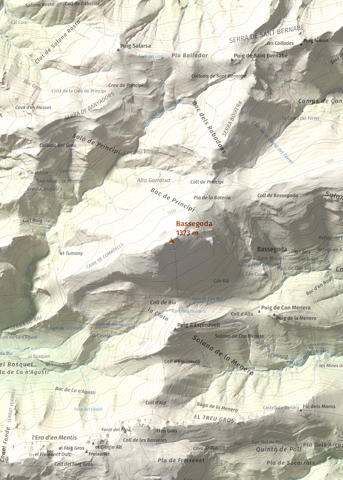 Mapa de relieve de Bassegoda, 1373 m, Alt Empordà · Garrotxa, lámina 100 Cims de Trobart. Detalle de la zona central. 50 × 70 cm.