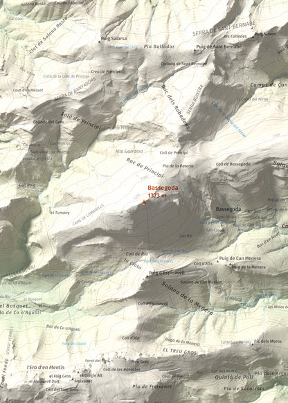 Mapa de relieve de Bassegoda, 1373 m, Alt Empordà · Garrotxa, lámina 100 Cims de Trobart. Detalle de la zona central. 50 × 70 cm.