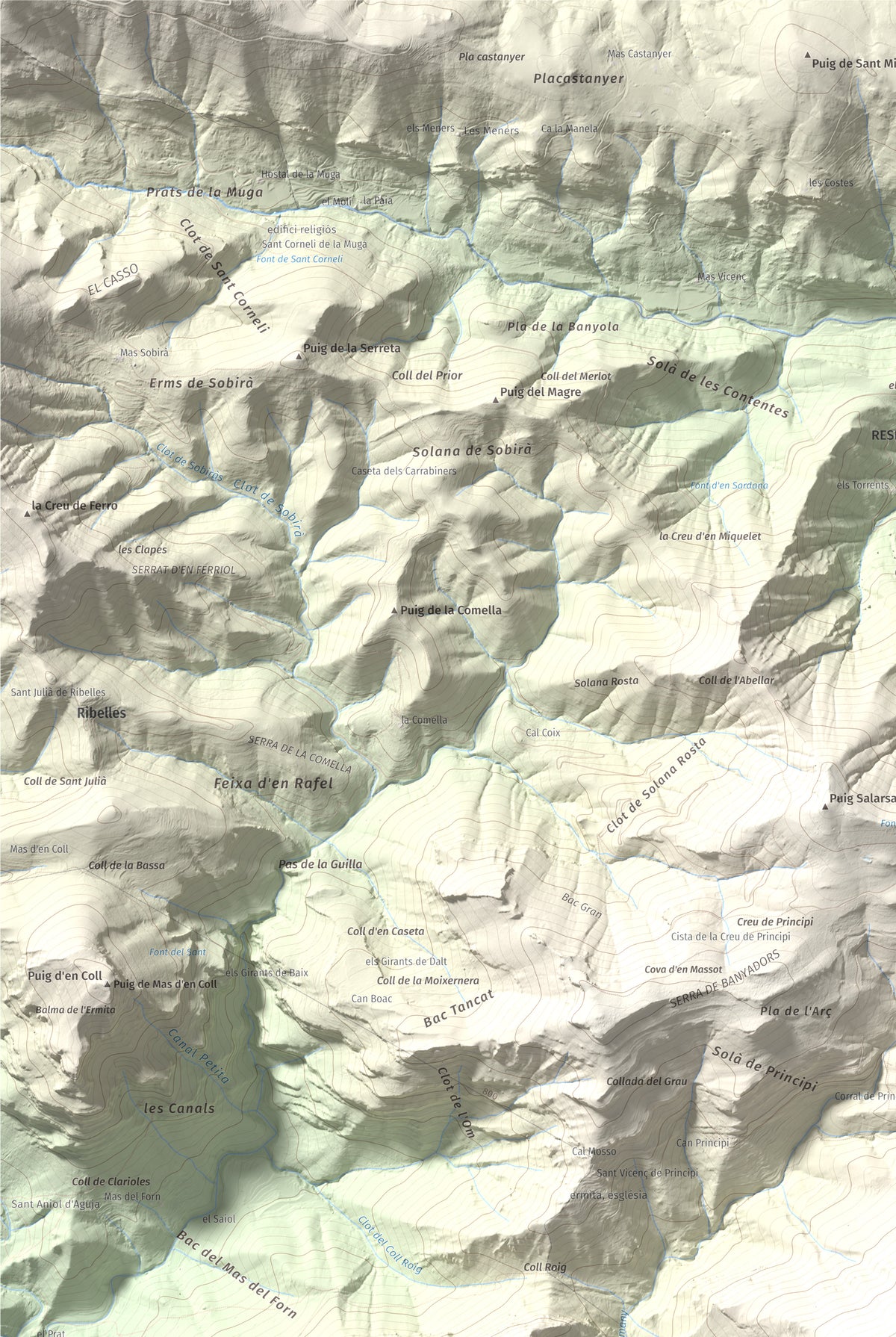 Mapa de relieve de Bassegoda, 1373 m, Alt Empordà · Garrotxa, lámina 100 Cims de Trobart. Detalle de la zona superior izquierda. 61 × 91 cm.