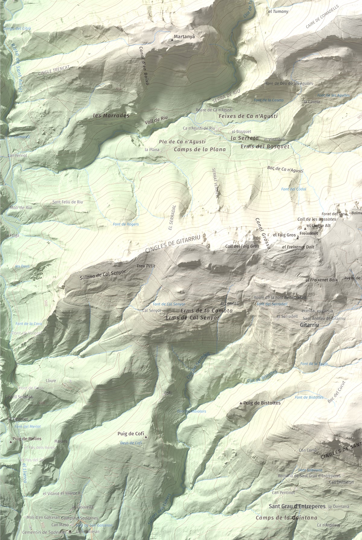 Mapa de relieve de Bassegoda, 1373 m, Alt Empordà · Garrotxa, lámina 100 Cims de Trobart. Detalle de la zona inferior izquierda. 61 × 91 cm.