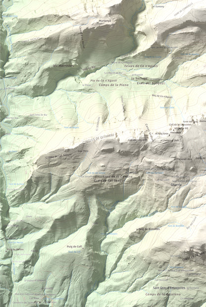 Mapa de relieve de Bassegoda, 1373 m, Alt Empordà · Garrotxa, lámina 100 Cims de Trobart. Detalle de la zona inferior izquierda. 61 × 91 cm.