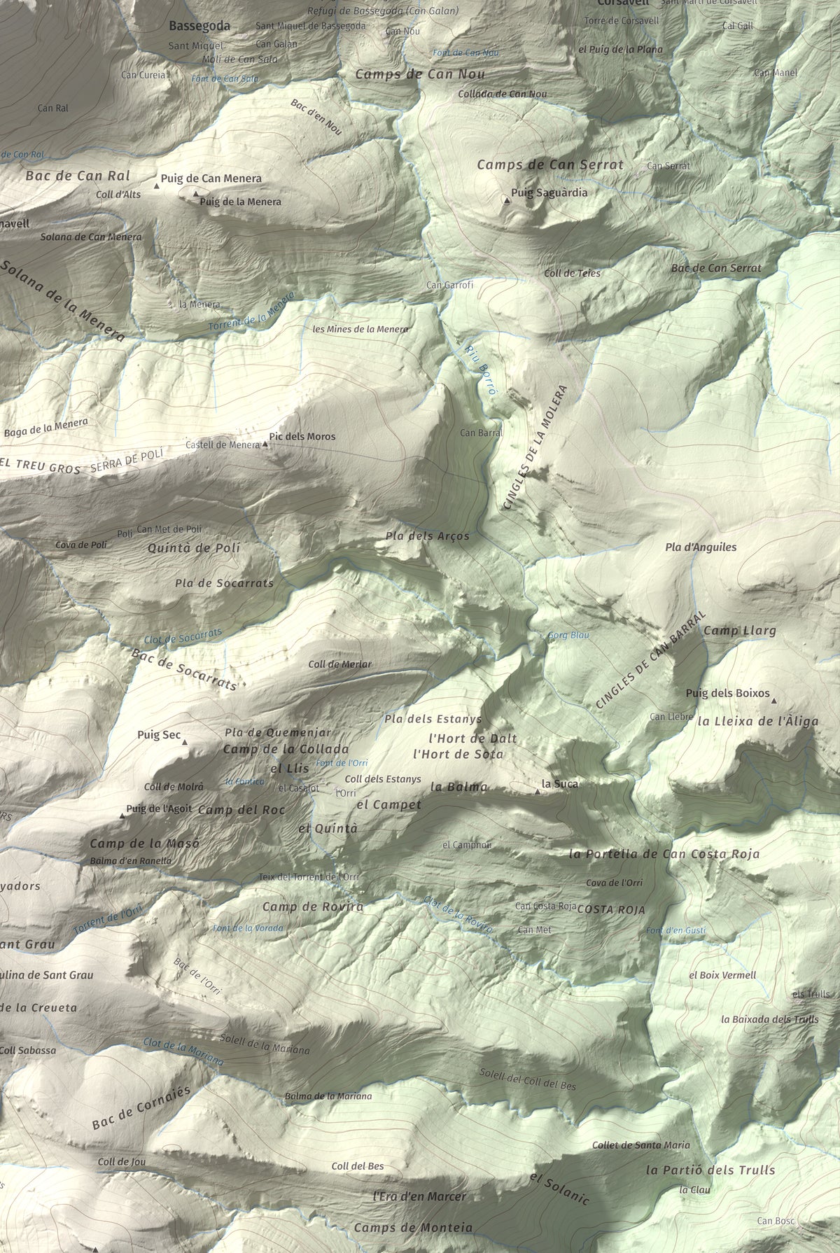 Mapa de relieve de Bassegoda, 1373 m, Alt Empordà · Garrotxa, lámina 100 Cims de Trobart. Detalle de la zona inferior derecha. 61 × 91 cm.
