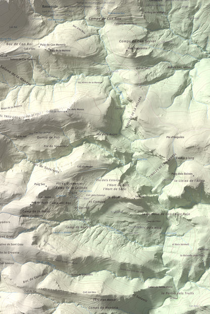 Mapa de relieve de Bassegoda, 1373 m, Alt Empordà · Garrotxa, lámina 100 Cims de Trobart. Detalle de la zona inferior derecha. 61 × 91 cm.