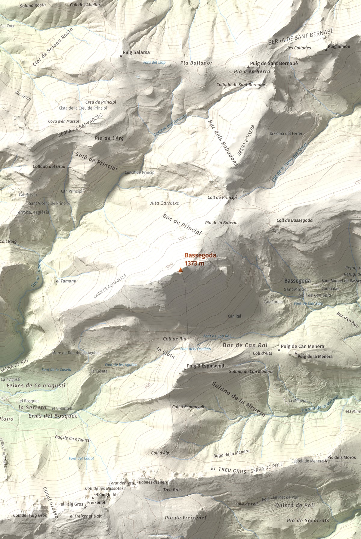 Mapa de relieve de Bassegoda, 1373 m, Alt Empordà · Garrotxa, lámina 100 Cims de Trobart. Detalle de la zona central. 61 × 91 cm.